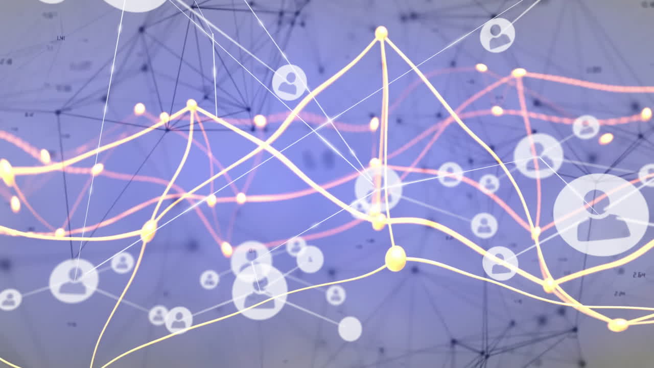 technology network visualizing glowing nodes linking user avatars with numeric data overlays