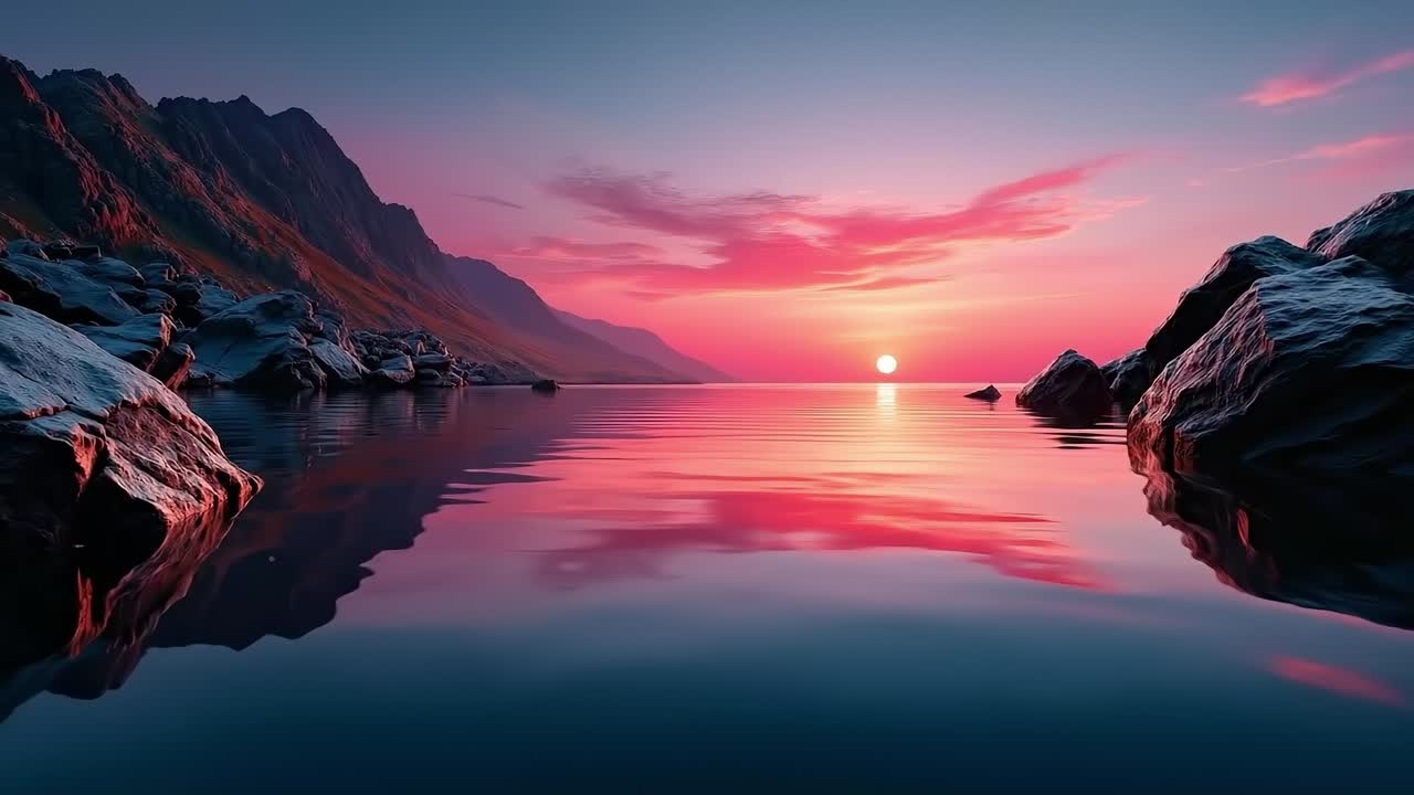 A sunset over a body of water with rocks in the foreground
