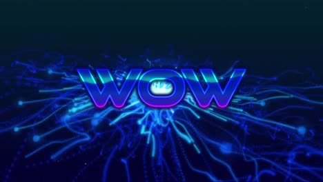 animación del texto wow en letras metálicas azules sobre rastros de luz azul