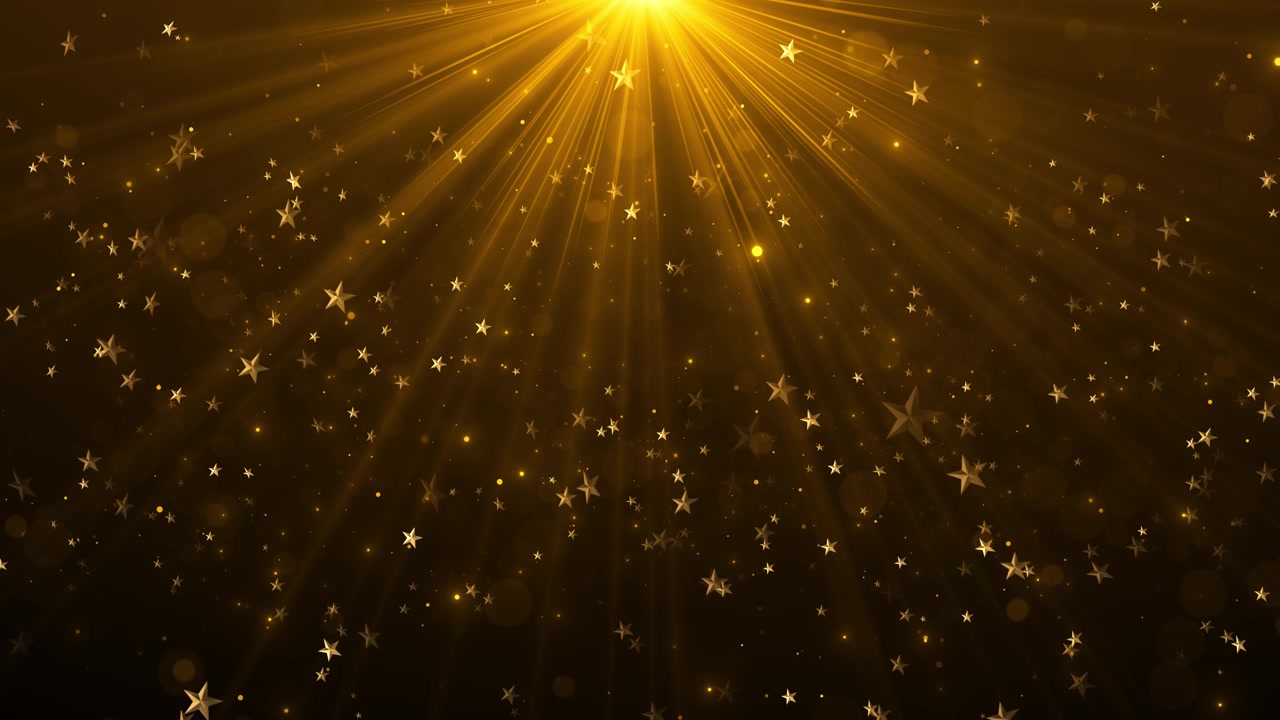 Golden star light rays background with bright top glow floating star shapes warm bokeh dots and