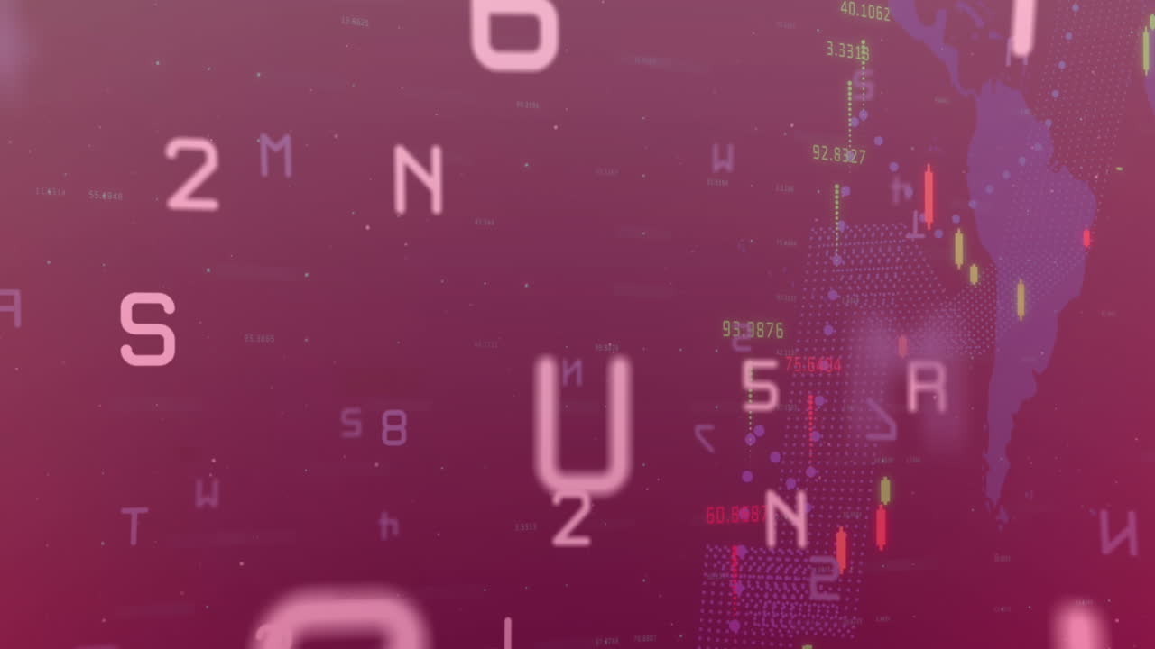animación de letras, números y gráficos múltiples con números cambiantes sobre fondo negro