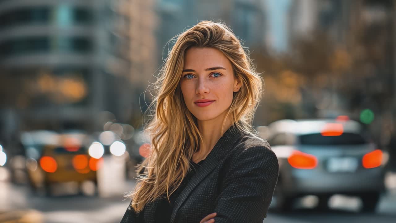 A Confident Young Woman Stands Stylishly Amidst Urban Traffic, Showcasing Natural Beauty and Poise in a Dynamic City Environment