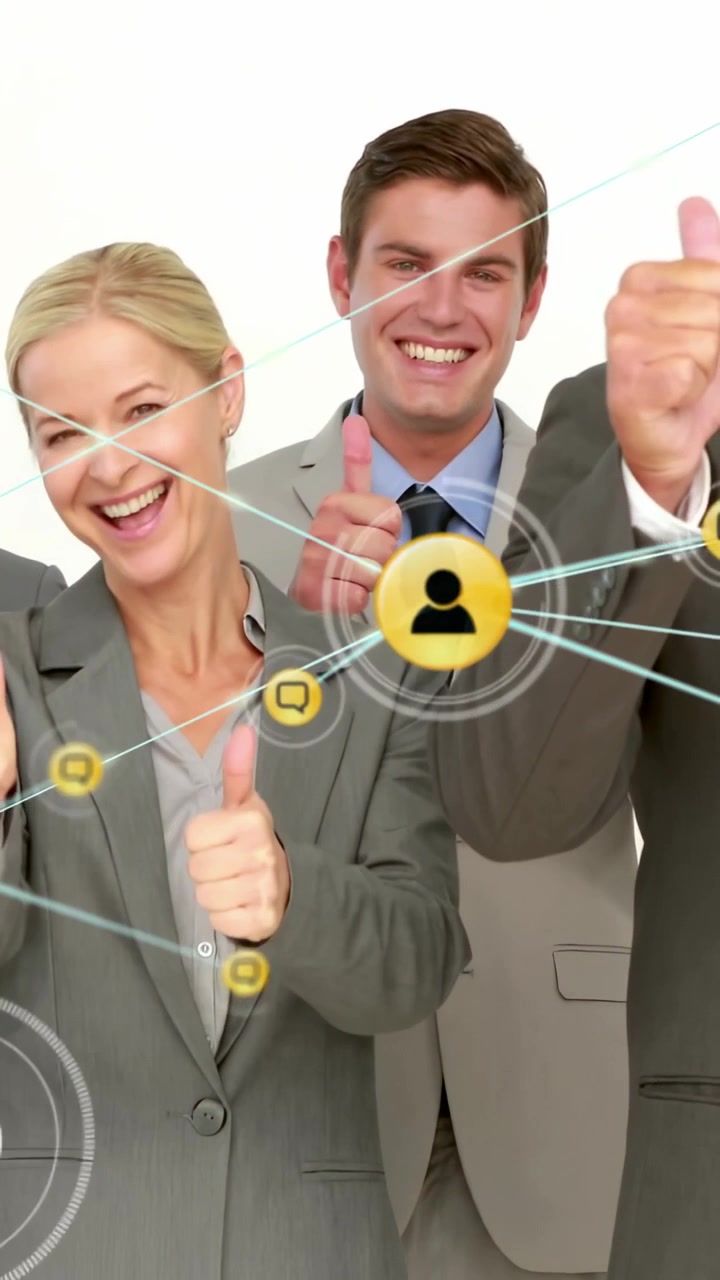 Video vertical: Equipo haciendo pulgares arriba, icono de usuario apareciendo sobre una mujer expandiendo la red para negocios.