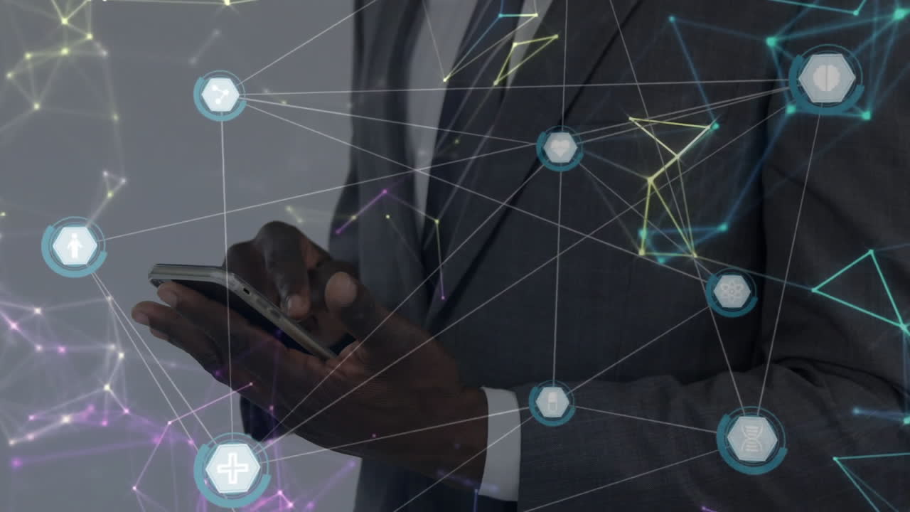 Using smartphone, businessperson surrounded by network connections and data animations
