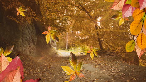 animación de hojas que caen sobre el paisaje forestal de otoño