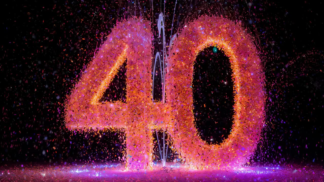 Starting fountain jets lifting particles from large numeral 40 on shiny pool, pink glow shimmering