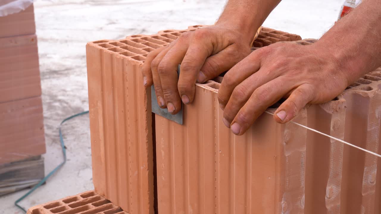 Bricklayer adjusting ceramic block with string during wall alignment