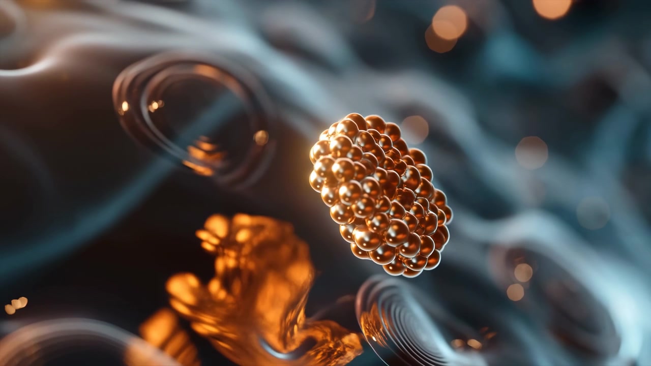 Un gruppo di perle metalliche lucide cambia orientamento mentre si muove attraverso un ambiente ombreggiato simile a un liquido, avvicinandosi a increspature circolari con un morbido bokeh e luce contrastante color verde acqua e ambra.