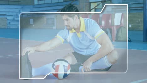 Animation-of-shapes-over-caucasian-volleyball-player-stretching