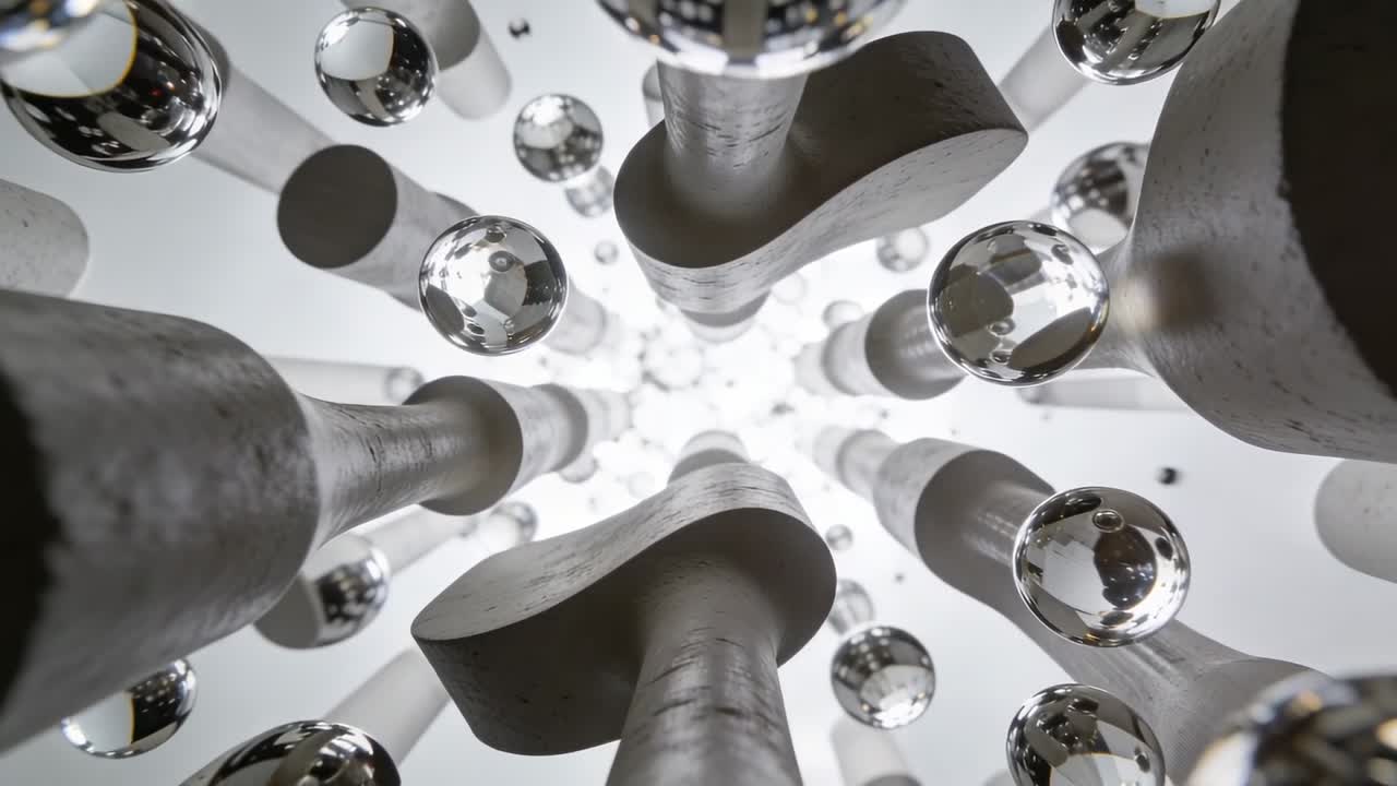 La telecamera si inclina rivelando pilastri metallici raggruppati in uno spazio espositivo, con sfere cromate che si muovono.