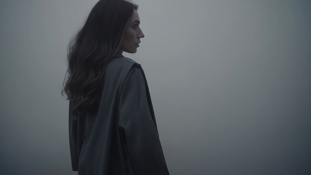 A solitary woman in a long coat stands in thick fog, looking into the distance