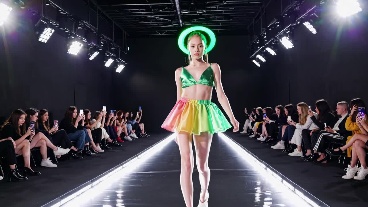 A vibrant fashion show video with a low-angle shot, showcasing a model in a colorful outfit