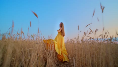 woman in yellow dress walking through a wheat field at sunset