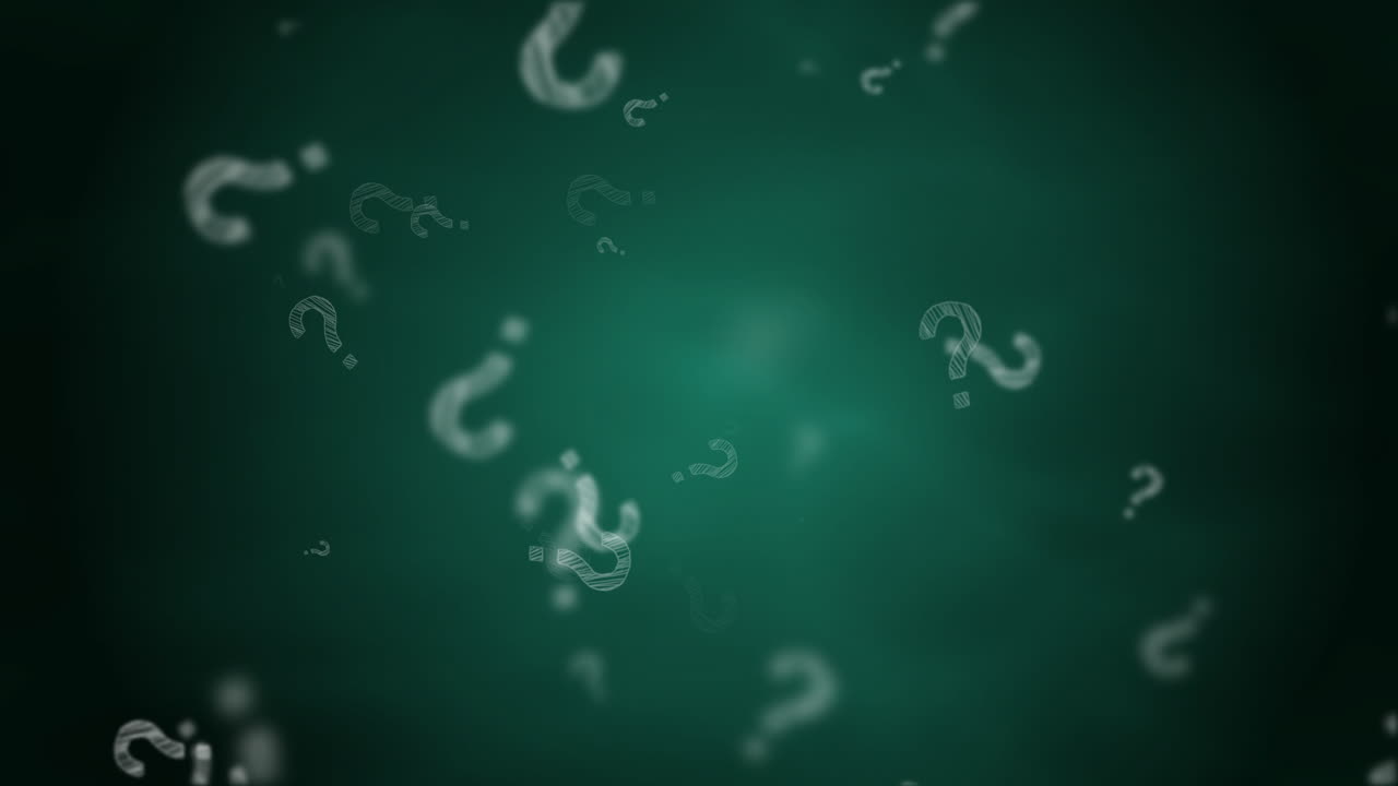 Flying question mark pattern. Green school abstract background with blurred elements.