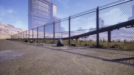 view of a deserted industrial area with a fence and abandoned structures