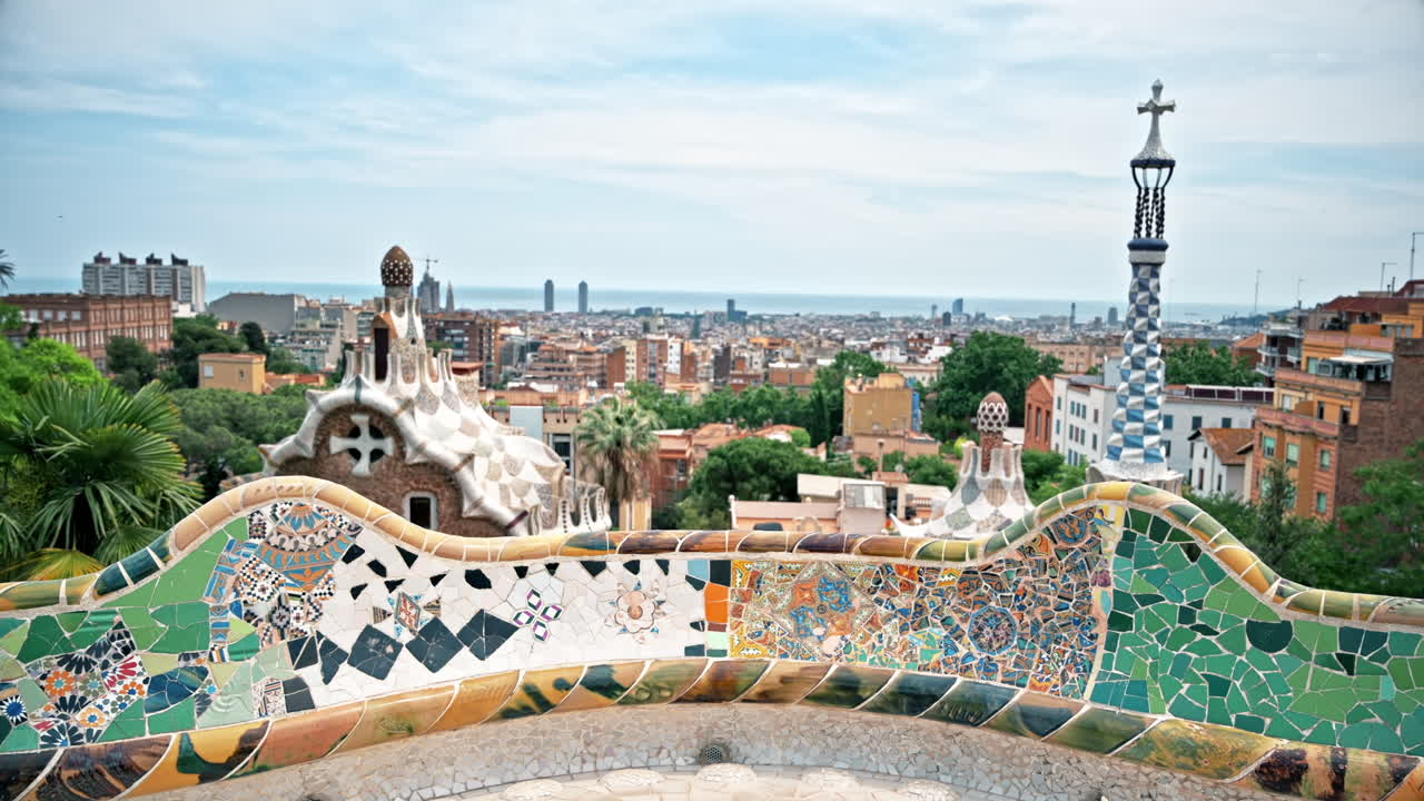 Panoramic view of Barcelona, multiple building's roofs, view from the Parc Guell, Spain