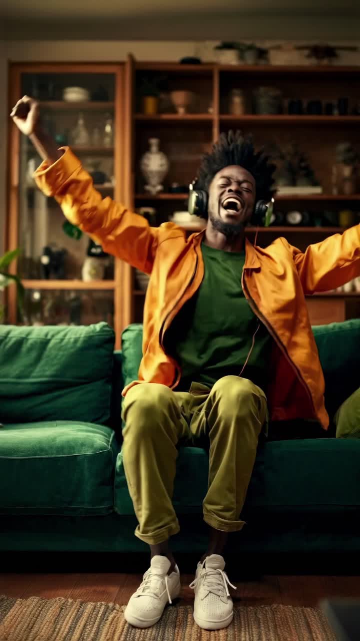 Joyful Young Man with Headphones Raising Arms in Excitement on Couch