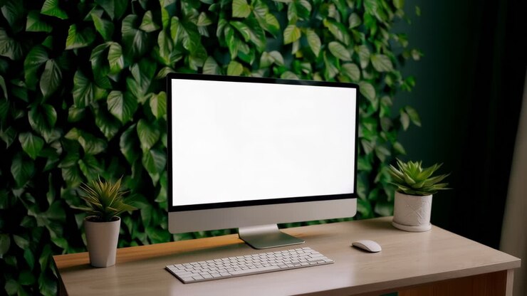 Scrivania moderna per ufficio domestico con monitor del computer vuoto e parete verde