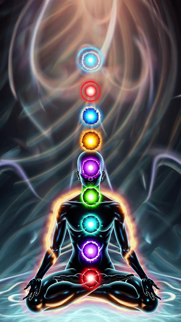 Figura in meditazione con chakra luminosi ed energia spirituale