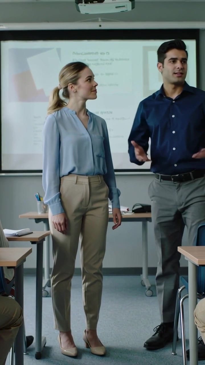 Video verticale: Insegnante con maglietta blu che indica e invita un uomo che si alza per parlare in classe con proiettore.