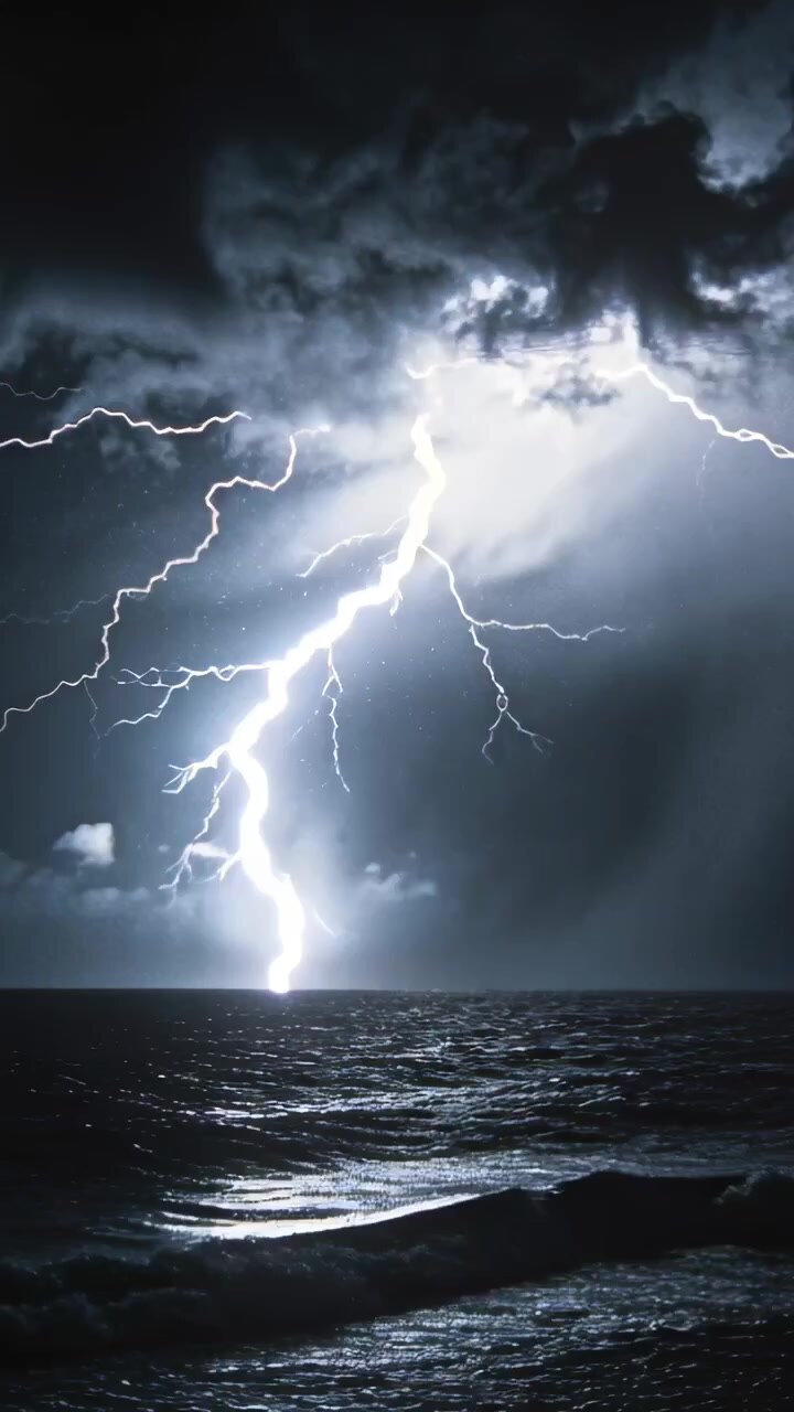 Video verticale: Fulmini lampeggianti da una tempesta che colpiscono il mare di notte, illuminando onde e nuvole.