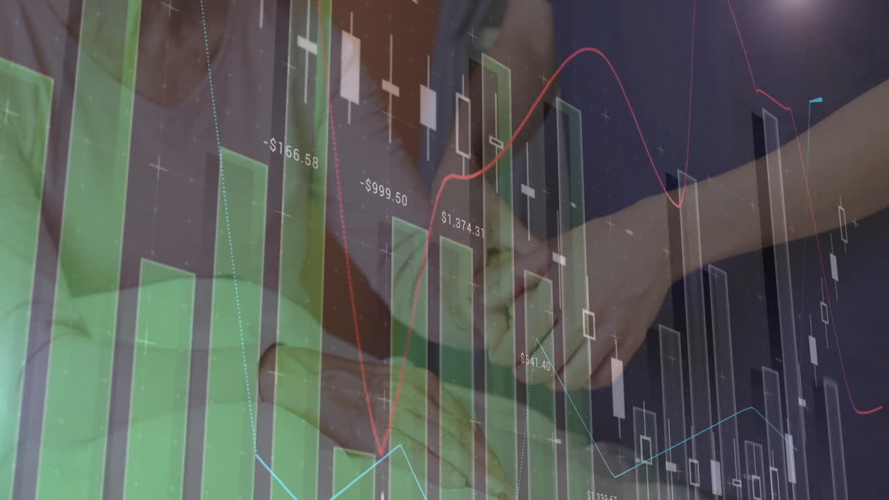 datos financieros y gráficos del mercado de valores animación sobre personas que se estrechan la mano