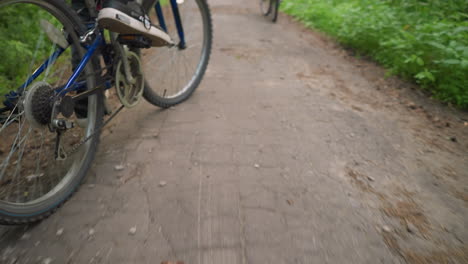 vista trasera de ciclistas montando bicicletas en un camino sin asfalto con uno evitando baches, el enfoque está en el movimiento de la rueda trasera, mostrando el terreno desigual, líneas de árboles verdes exuberantes a los lados