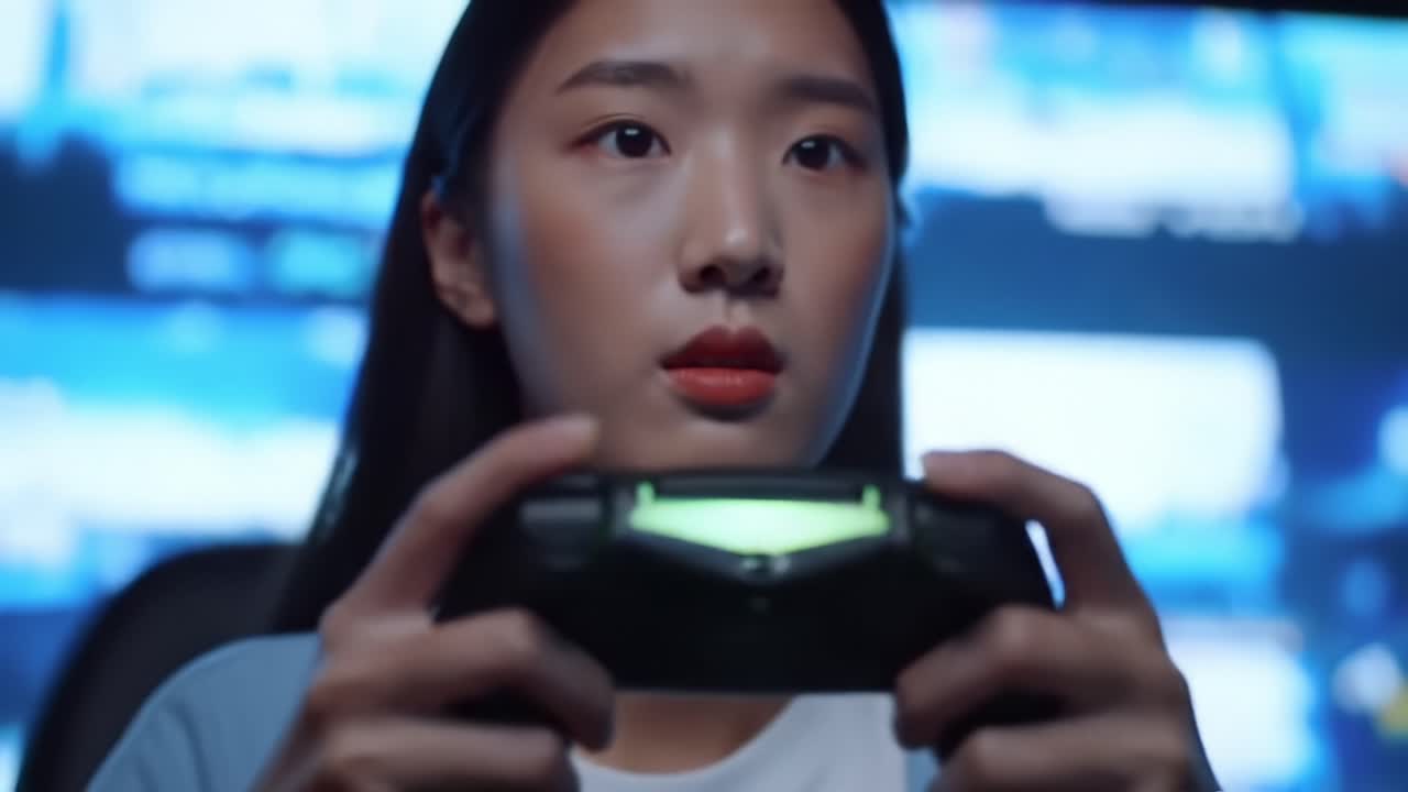画面に集中する魅力的なゲーマー：ゲームプレイに集中し、デジタル世界を探索しながらビデオゲームを楽しむ若い女性の心を奪う瞬間