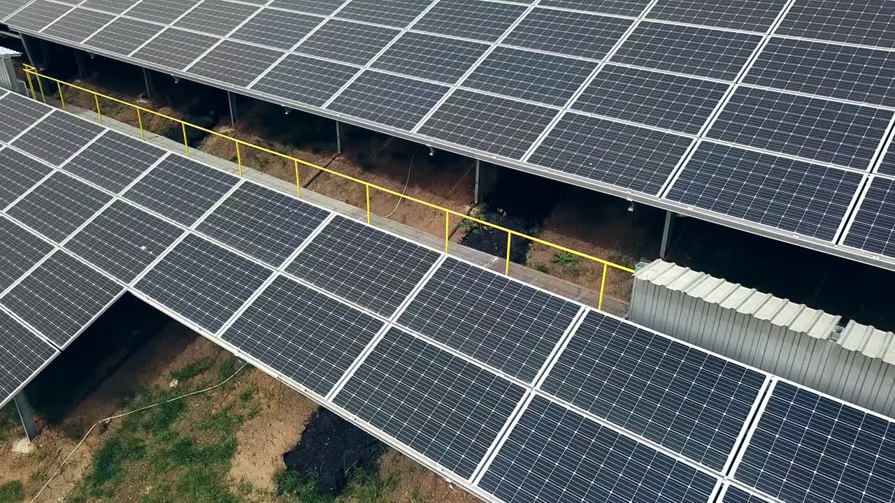 Aerial view of Solar panels. Photovoltaic power supply systems. Solar power plant.Source of ecological renewable energy.