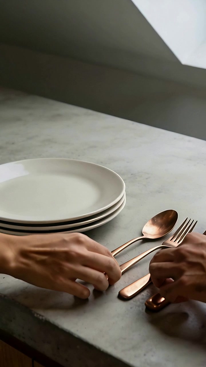 Vertical video: Placing plates two hands aligning copper flatware on kitchen counter to make tidy