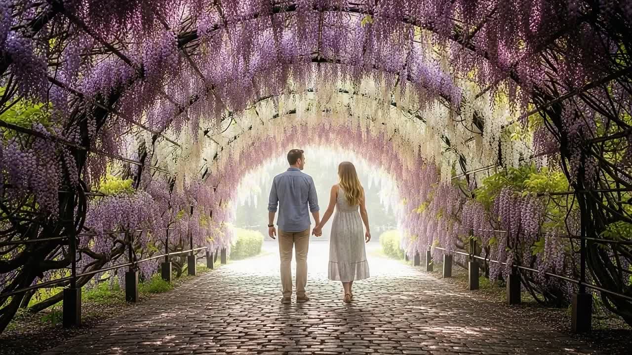 A Romantic Stroll Under a Beautiful Wisteria Tunnel, Capturing the Essence of Love and Togetherness in a Dreamlike Garden Setting