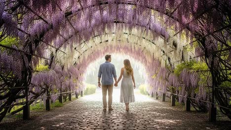 a romantic stroll under a beautiful wisteria tunnel, capturing the essence of love and togetherness in a dreamlike garden setting