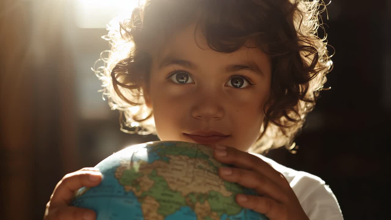 Bringing globe to chest, curly-haired boy turning and exploring world regions near backlit window