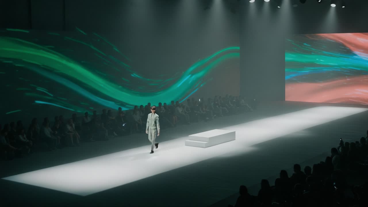 A Stunning Fashion Runway Show: A Model Showcases a Striking Outfit Against a Dynamic Visual Backdrop in a Captivating Presentation of Style and Creativity