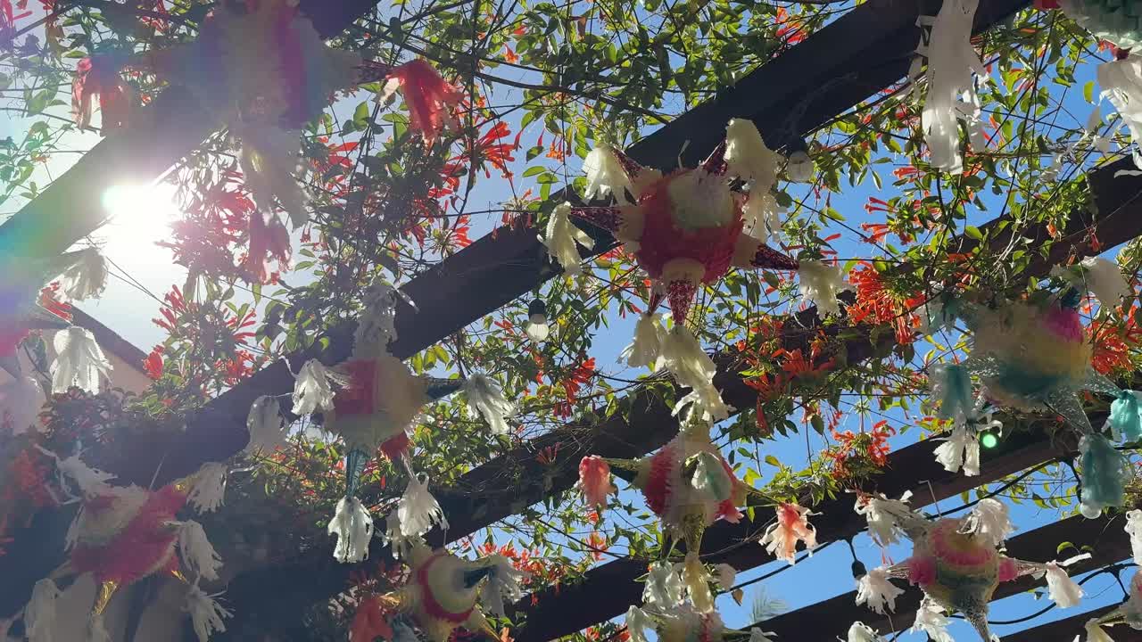 Decorative Pinatas Hanging In A Outdoor Garden On A Sunny Summer Day, Close Up Shot.