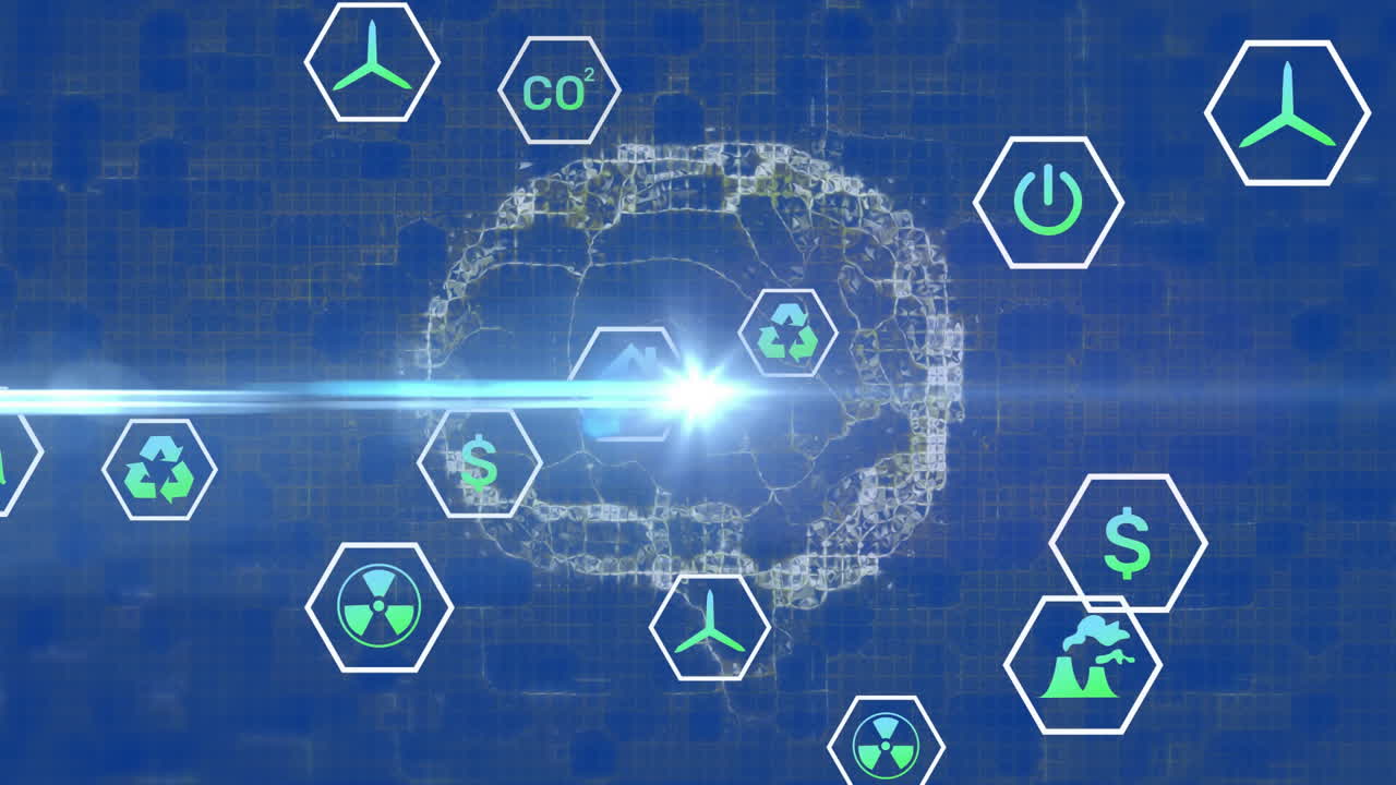 디지털 뇌 위에 생태학 아이콘의 애니메이션과 파란색 배경에 빛의 흔적