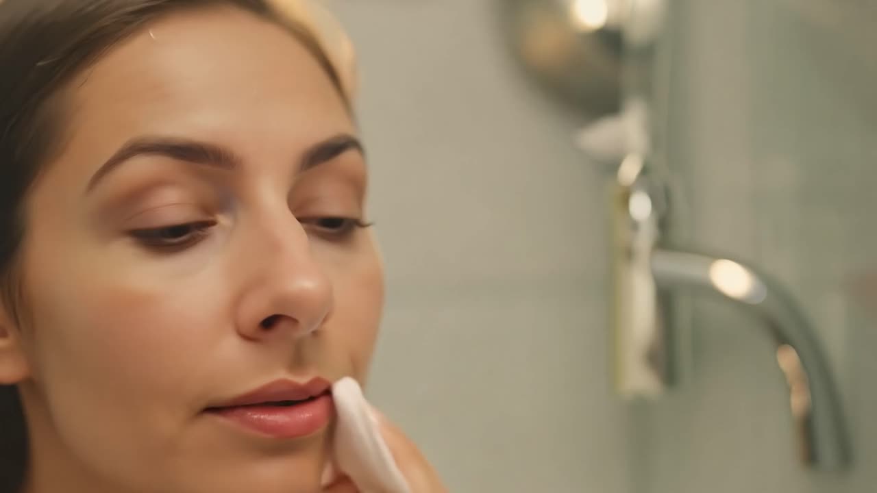 mulher a aplicar removedor de maquiagem na casa de banho