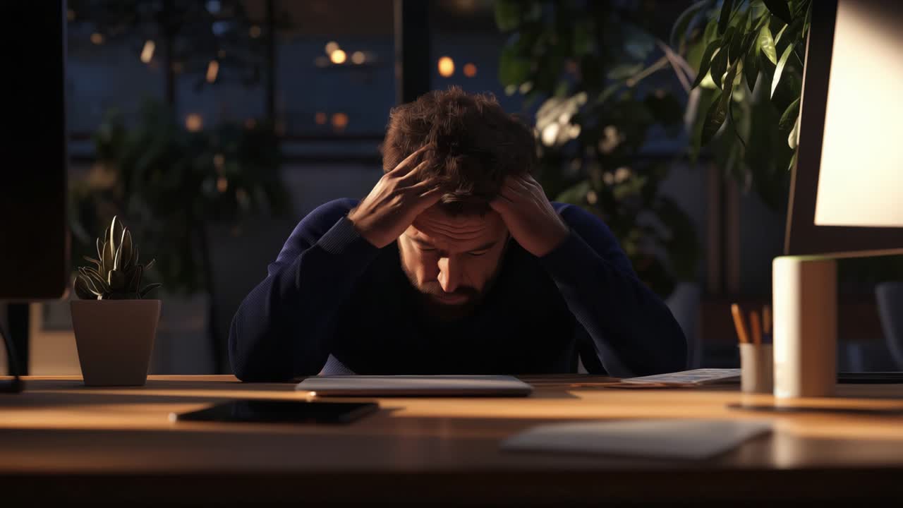 Homem estressado trabalhando até tarde da noite