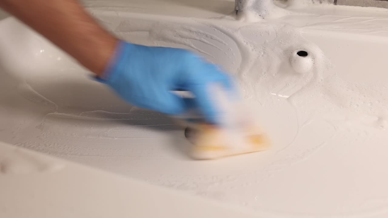 the cleaning company cleans the bathroom with the help of professional products for removing dirt and plaque from plumbing