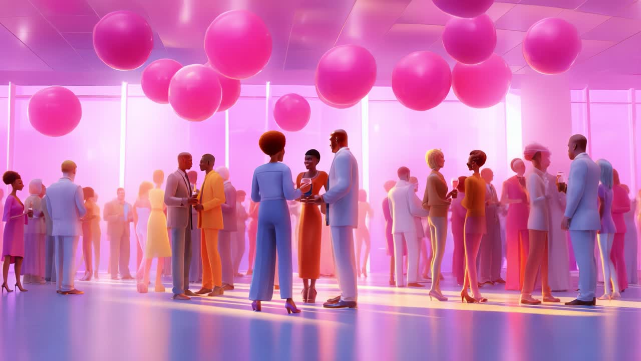A Vibrant Social Gathering Filled with Lively Conversations Amongst Colorful Attendees in a Balloon-Adorned Venue, Capturing the Essence of Joyful Celebration and Connection