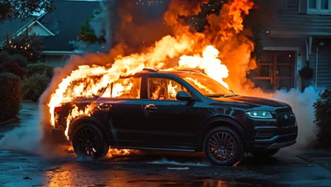 a black car is engulfed by flames in front of a house