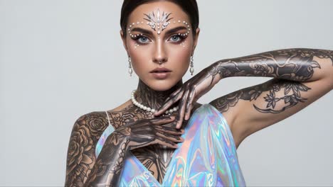 striking portrait of a model showcasing intricate body art, unique makeup, and elegant accessories highlighting modern beauty standards and expression