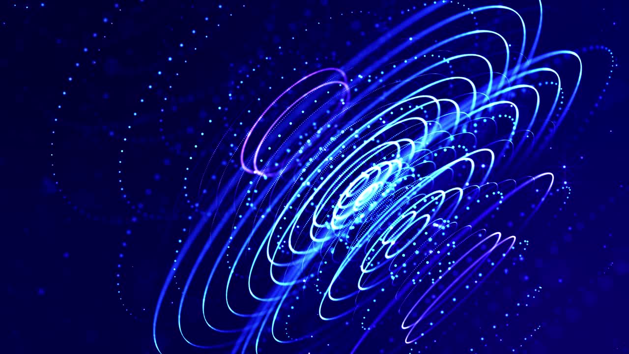 4k looped sci-fi particle background, bokeh and light effects. Glow blue particles form lines, surfaces, complex structures in smooth motion like in microworld or space. Concentric circular structures