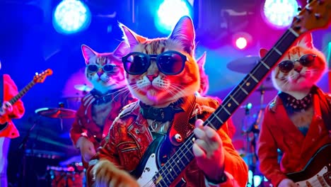 a group of cats playing guitars on a stage