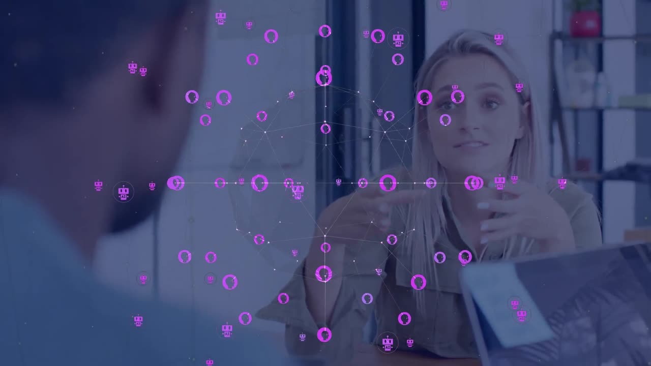 animación de la red de conexiones con los íconos de ai sobre diversas personas de negocios en la oficina