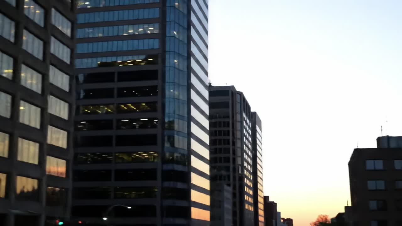 Urban Cityscape at Dusk: A Stunning Transition of Reflections in Glass Towers under a Colorful Evening Sky