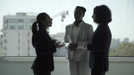 smiling professional businesswomen talking in office