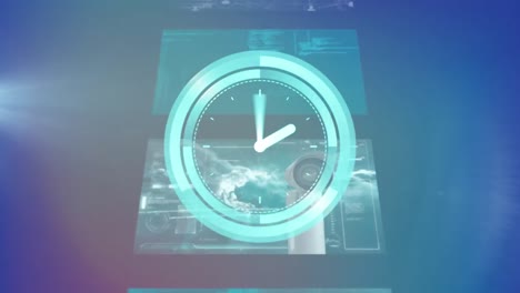 animación de escáner con esfera de reloj sobre pantallas de interfaz con redes de conexiones y datos