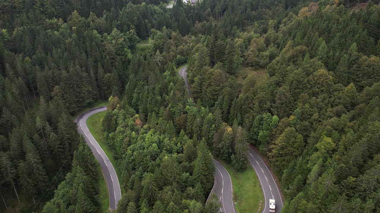 Alpine landscape aerial footage, Winding Alpine Road Through Mountain Valley, Breathtaking View