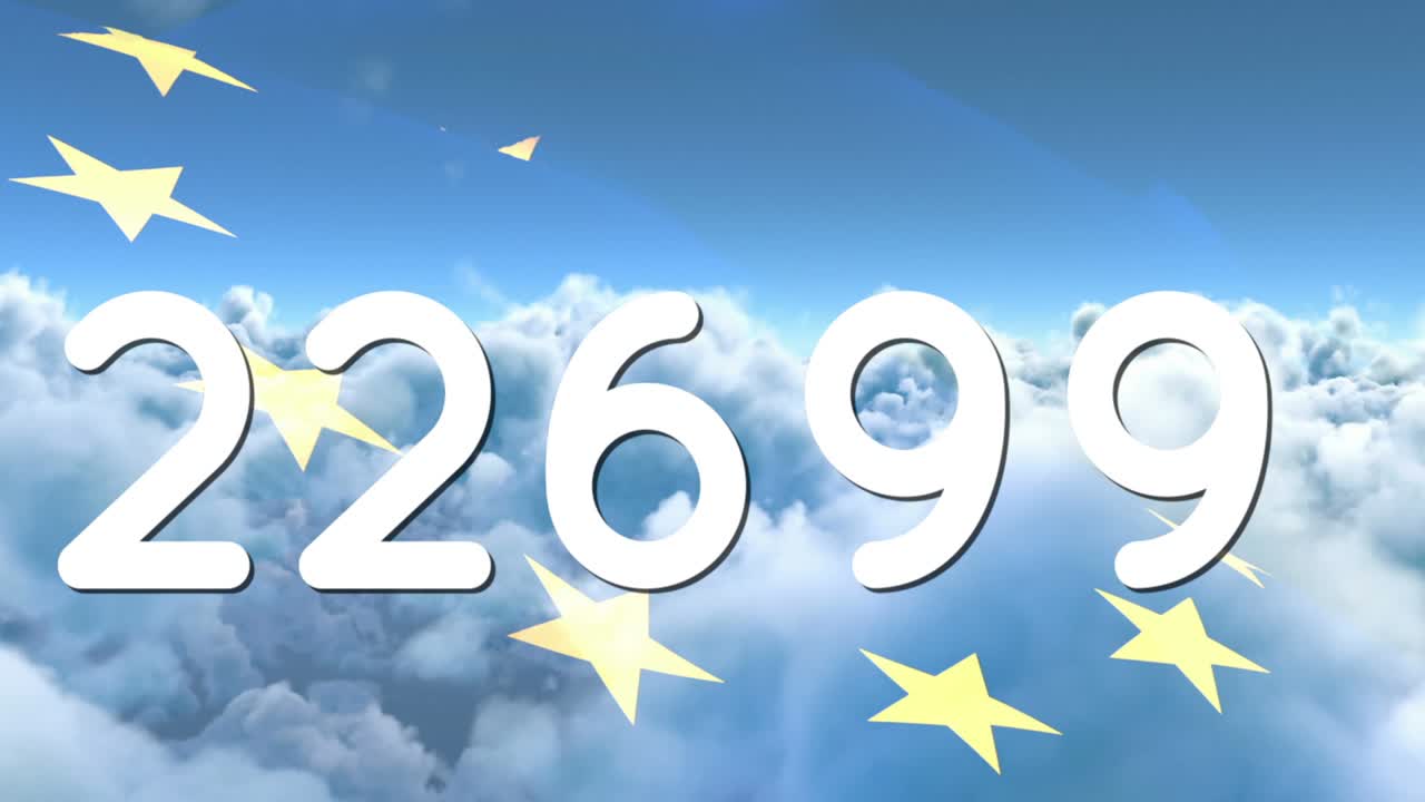 성장하는 숫자와 구름과 하늘 위의 별들의 애니메이션